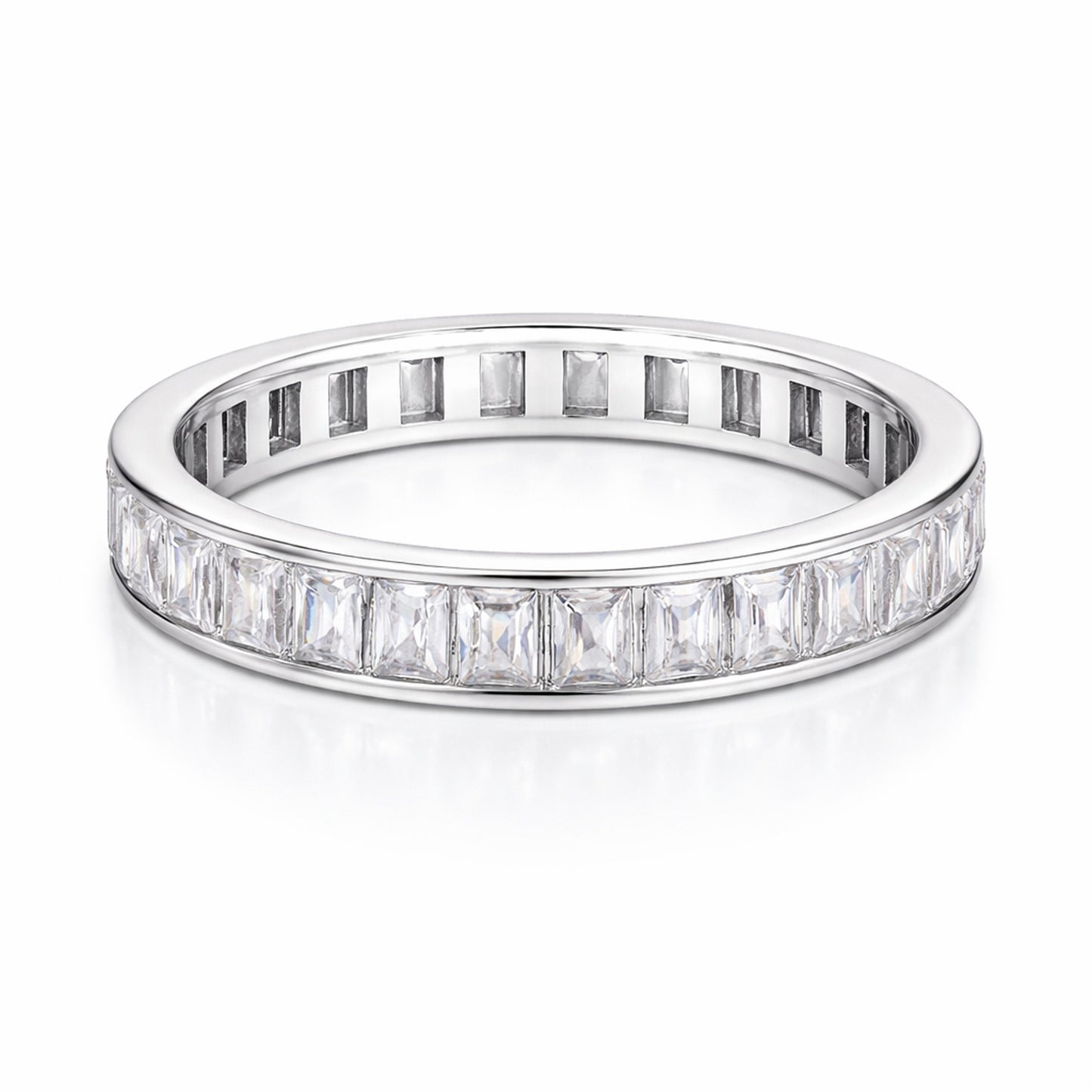 Angled studio view of the channel set baguette cut cubic zirconia ring highlighting the linear baguette stones and polished band edges.