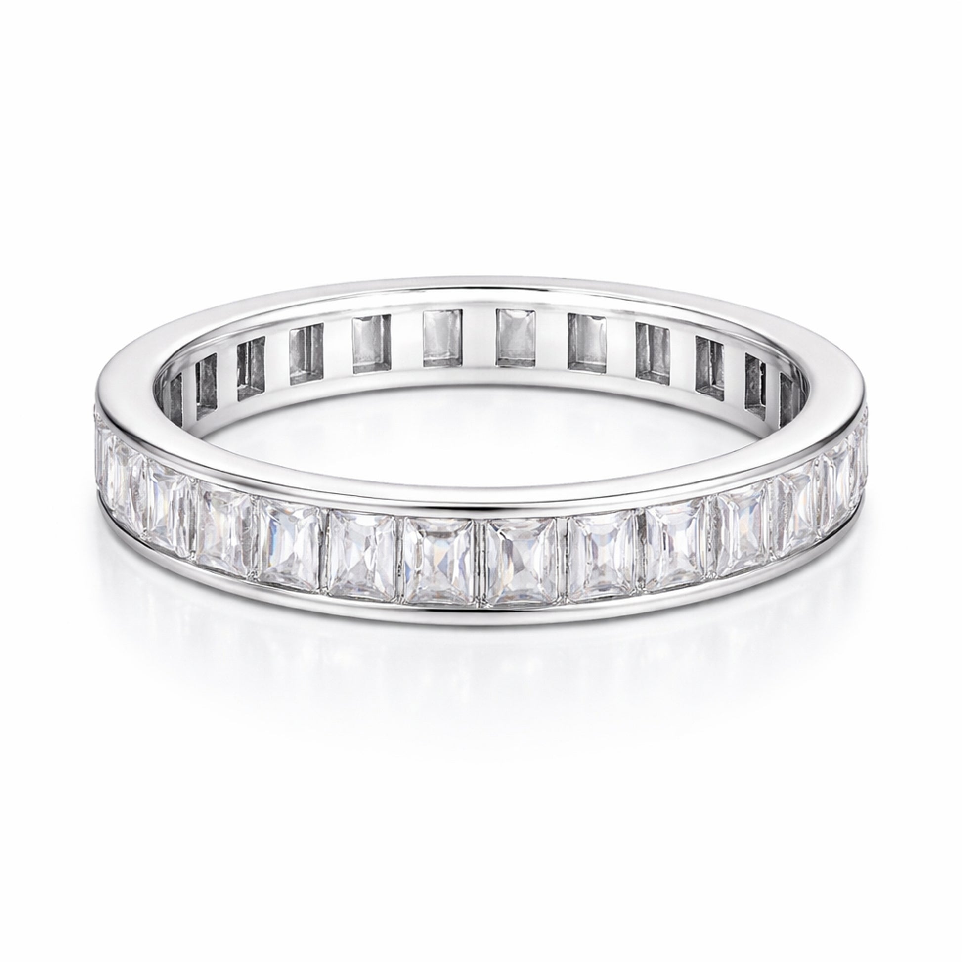 Angled studio view of the channel set baguette cut cubic zirconia ring highlighting the linear baguette stones and polished band edges.