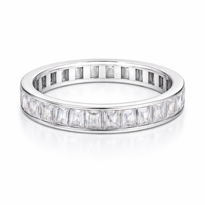 Angled studio view of the channel set baguette cut cubic zirconia ring highlighting the linear baguette stones and polished band edges.