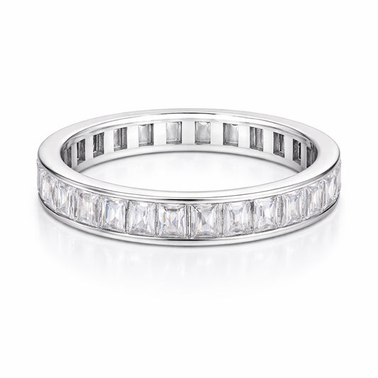 Angled studio view of the channel set baguette cut cubic zirconia ring highlighting the linear baguette stones and polished band edges.