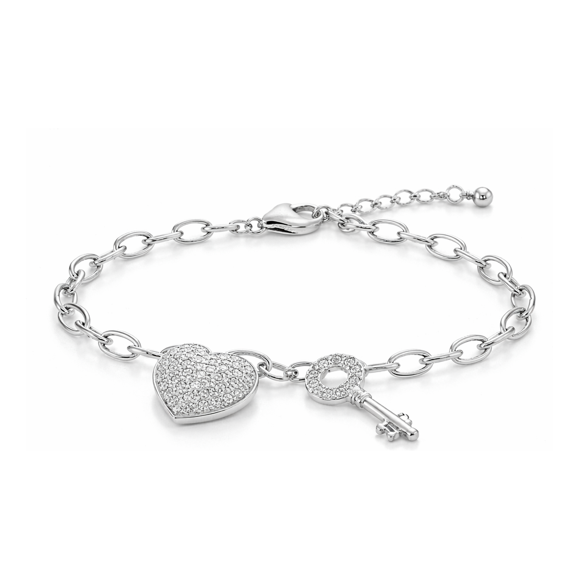 Close-up view of a chain bracelet featuring a heart-shaped charm and a key pendant, both set with small cubic zirconia stones in a silver tone finish.