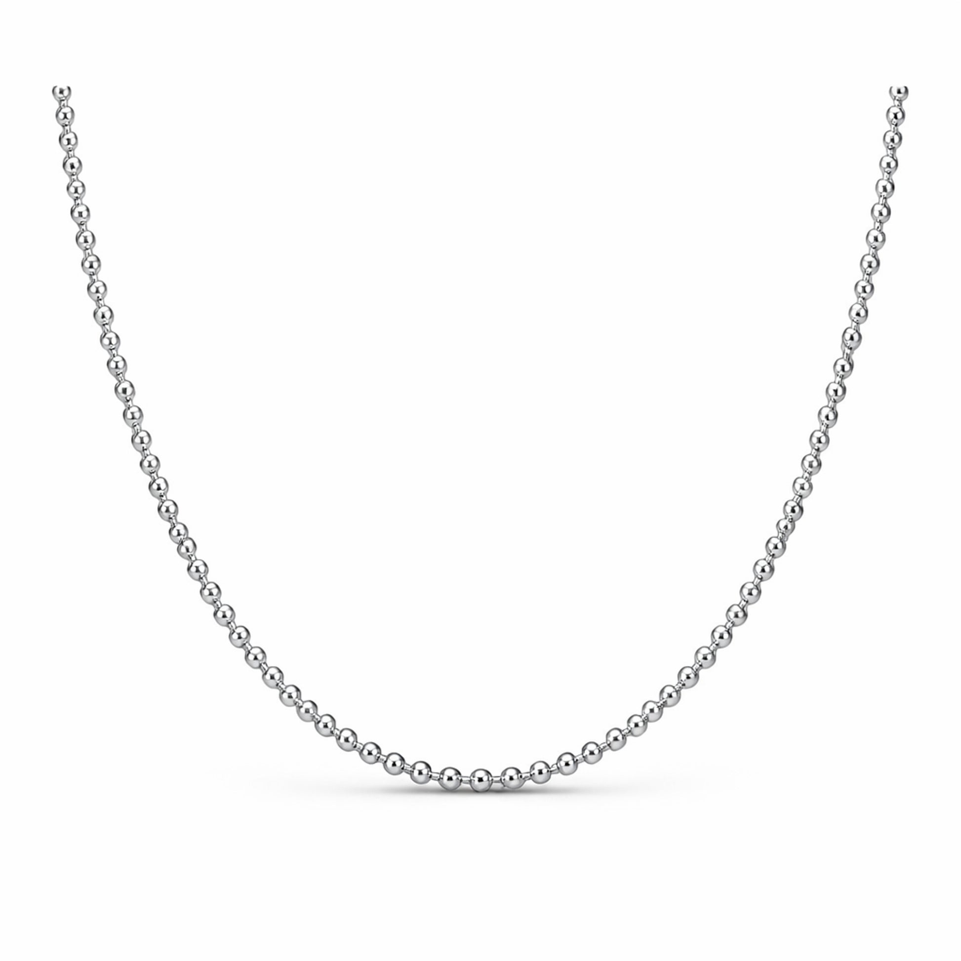 Full length studio view of a classic silver tone beaded chain necklace with evenly spaced round beads.