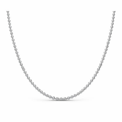 Full length studio view of a classic silver tone beaded chain necklace with evenly spaced round beads.