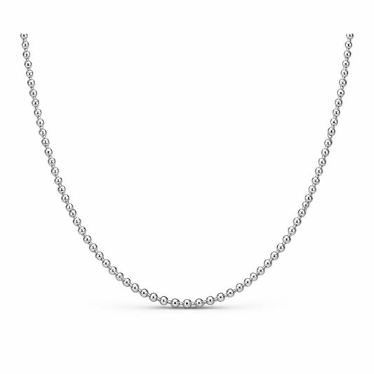Full length studio view of a classic silver tone beaded chain necklace with evenly spaced round beads.