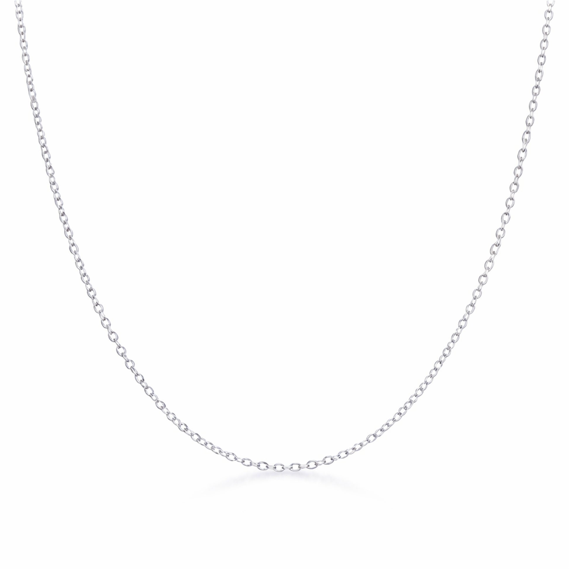 Full length view of a delicate silver tone cable chain necklace displayed symmetrically on a white background.