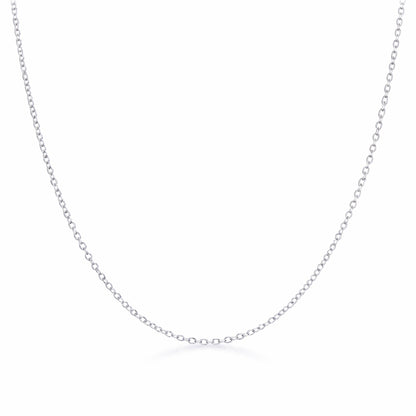 Full length view of a delicate silver tone cable chain necklace displayed symmetrically on a white background.