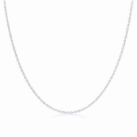 Full length view of a delicate silver tone cable chain necklace displayed symmetrically on a white background.