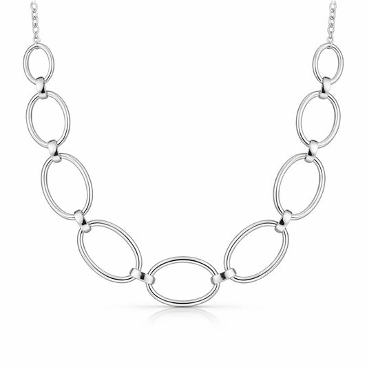 Front facing studio image of an oval link chain necklace featuring polished silver tone links.