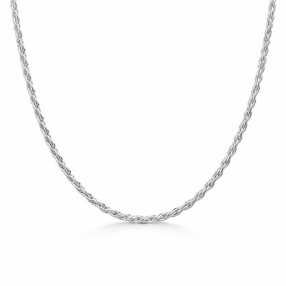 Full length studio view of the rope chain necklace displaying even thickness and a continuous twisted design.