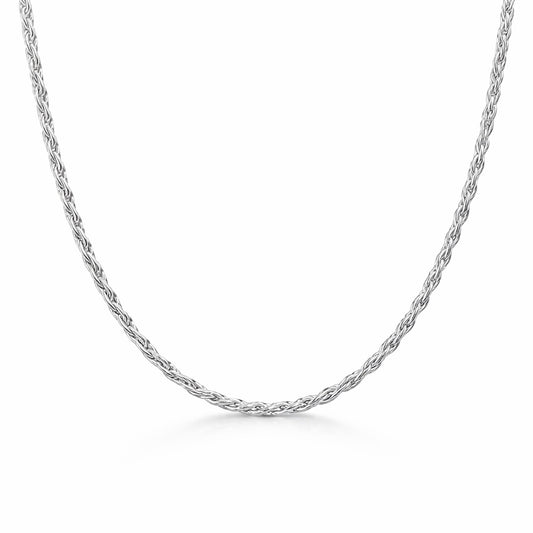 Full length studio view of the rope chain necklace displaying even thickness and a continuous twisted design.
