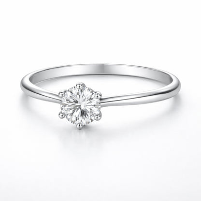 Front facing view of the classic solitaire cubic zirconia ring highlighting the round cut stone and the slim polished band design.