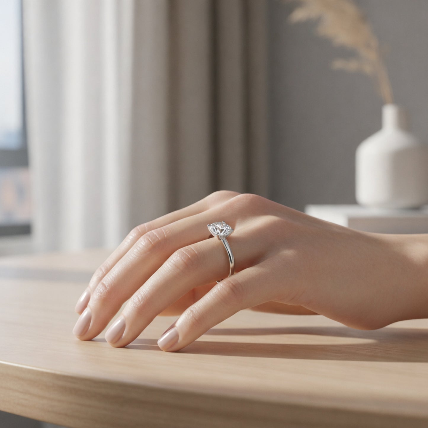 Worn on hand view of the classic solitaire cubic zirconia ring in silver tone finish, illustrating scale and elegant everyday wear.