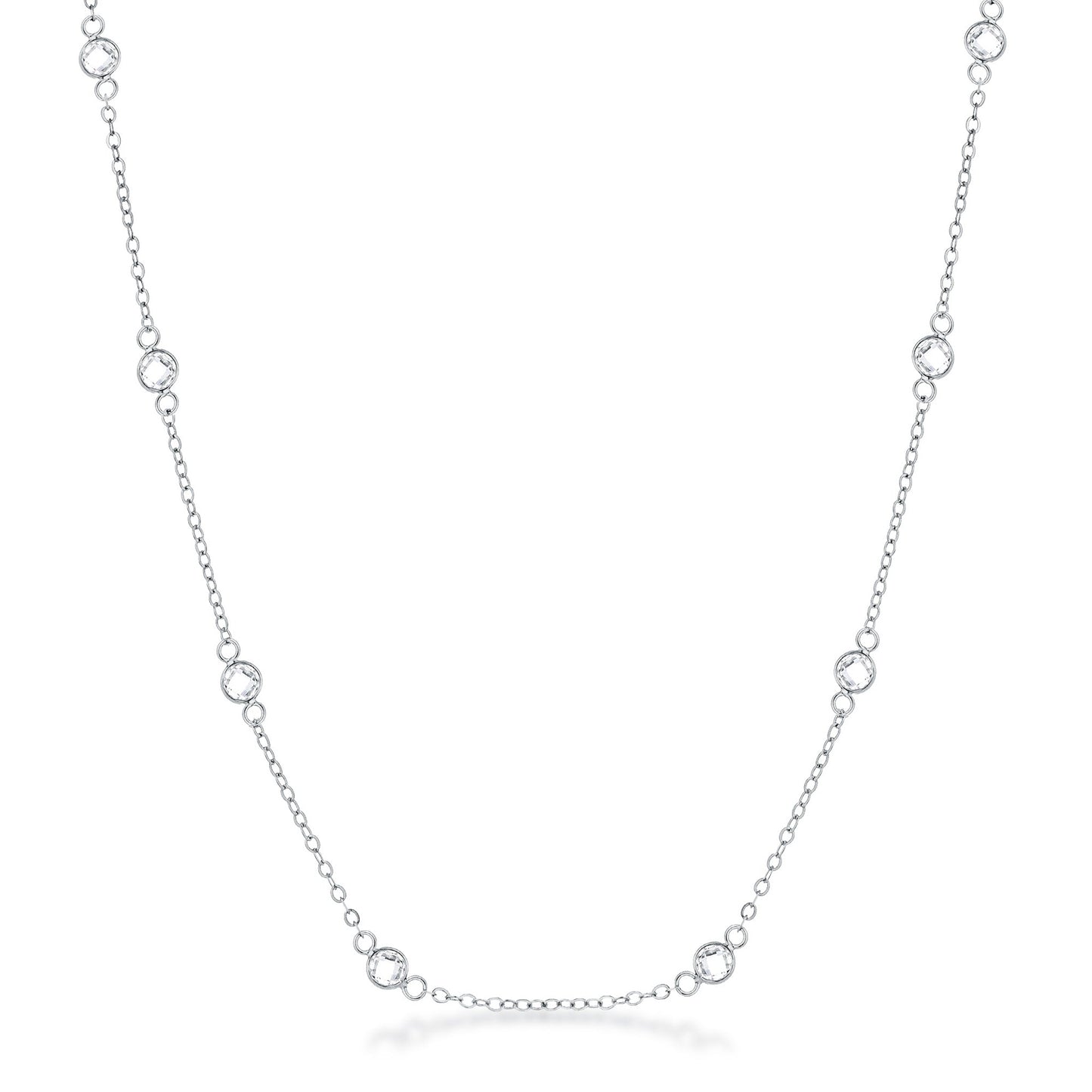 Front facing studio view of a silver tone station necklace featuring evenly spaced bezel set stones along a delicate chain.