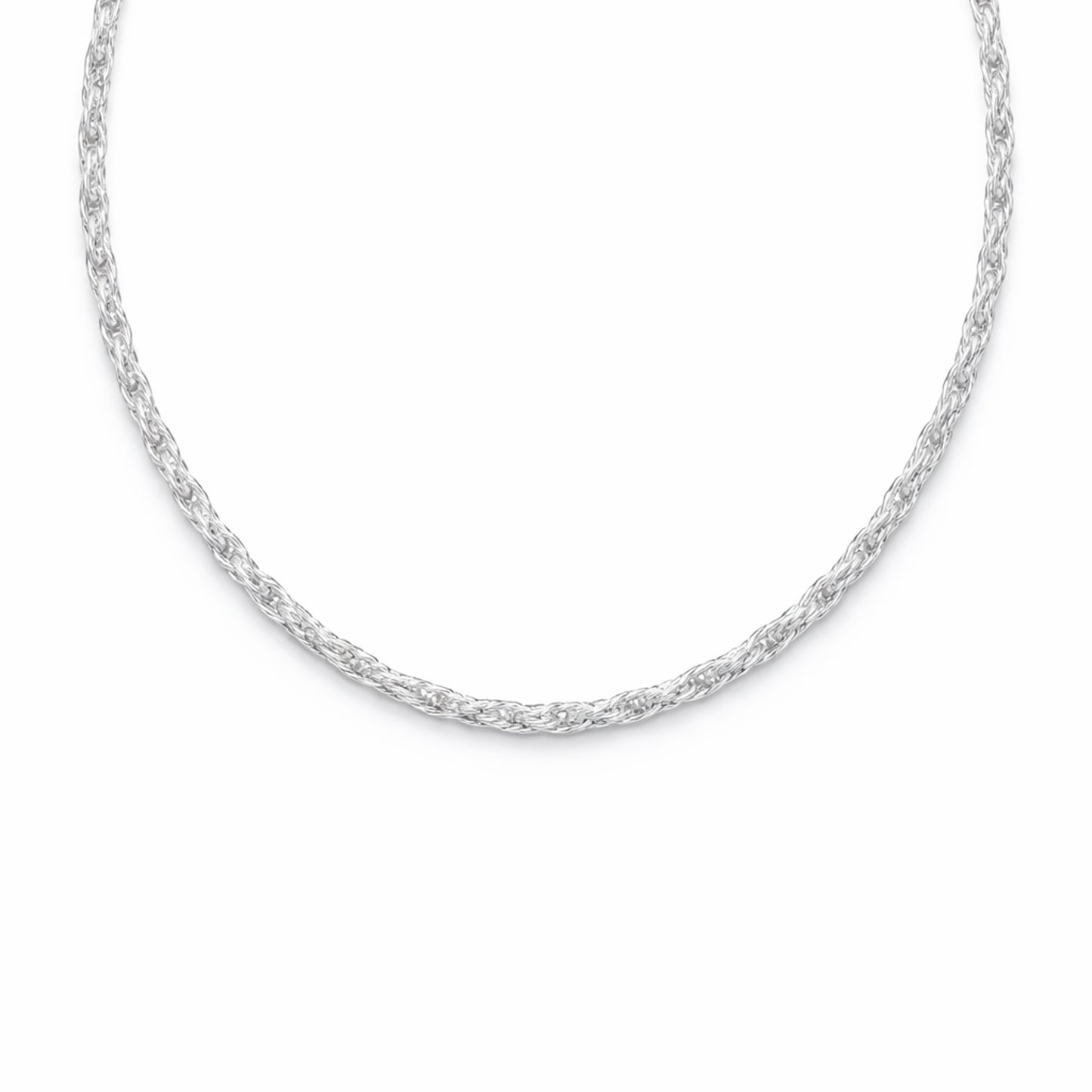 Full length studio view of a silver tone twisted chain necklace highlighting the continuous twisted pattern and even thickness.