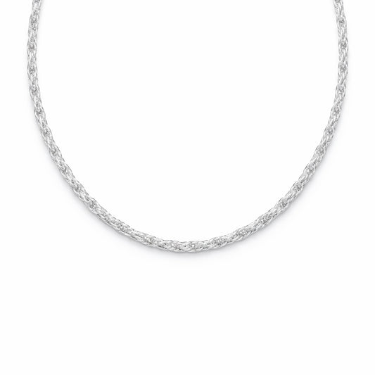 Full length studio view of a silver tone twisted chain necklace highlighting the continuous twisted pattern and even thickness.