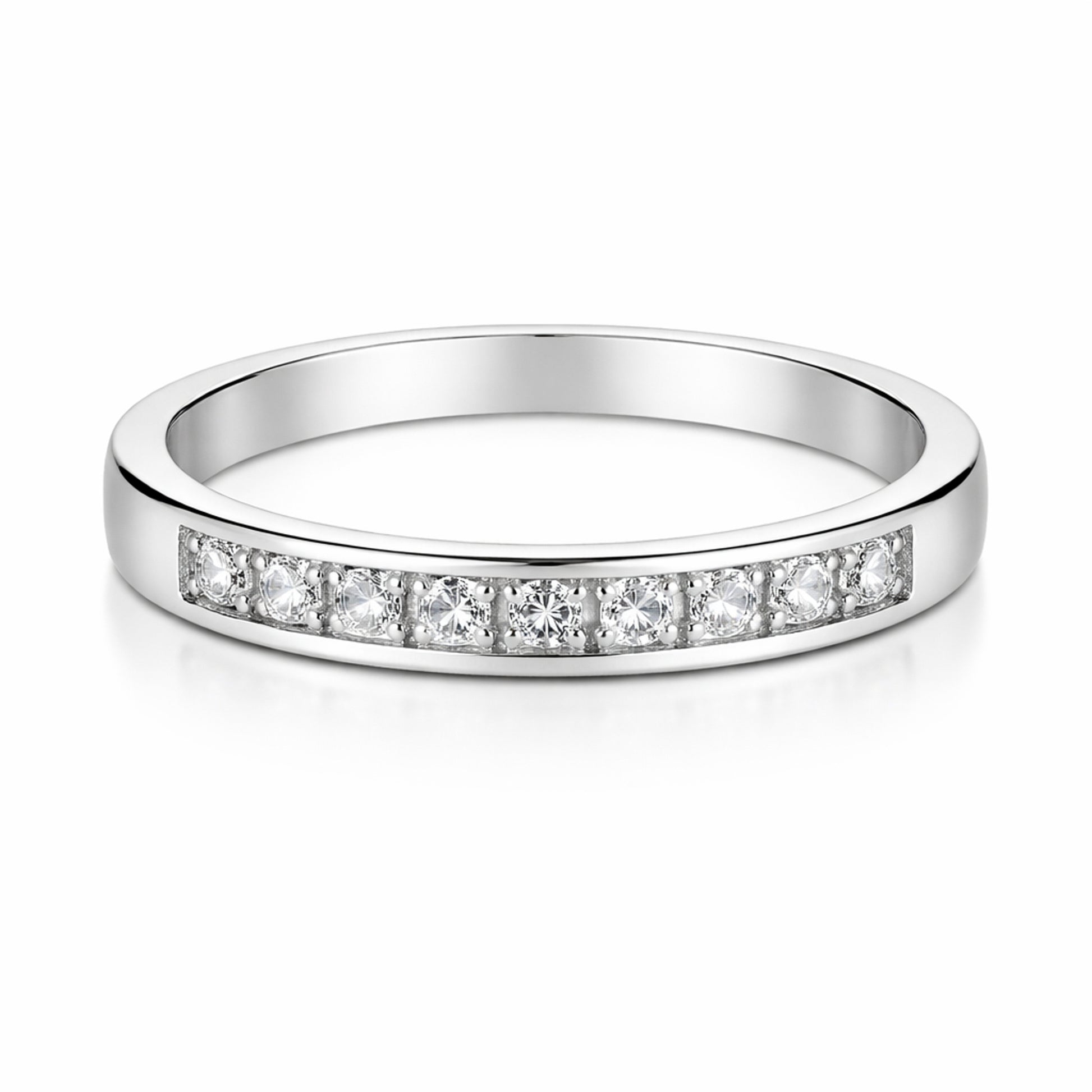 Studio view of a slim Silver Tone band featuring a channel set row of small cubic zirconia stones across the front section.