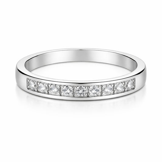 Studio view of a slim Silver Tone band featuring a channel set row of small cubic zirconia stones across the front section.