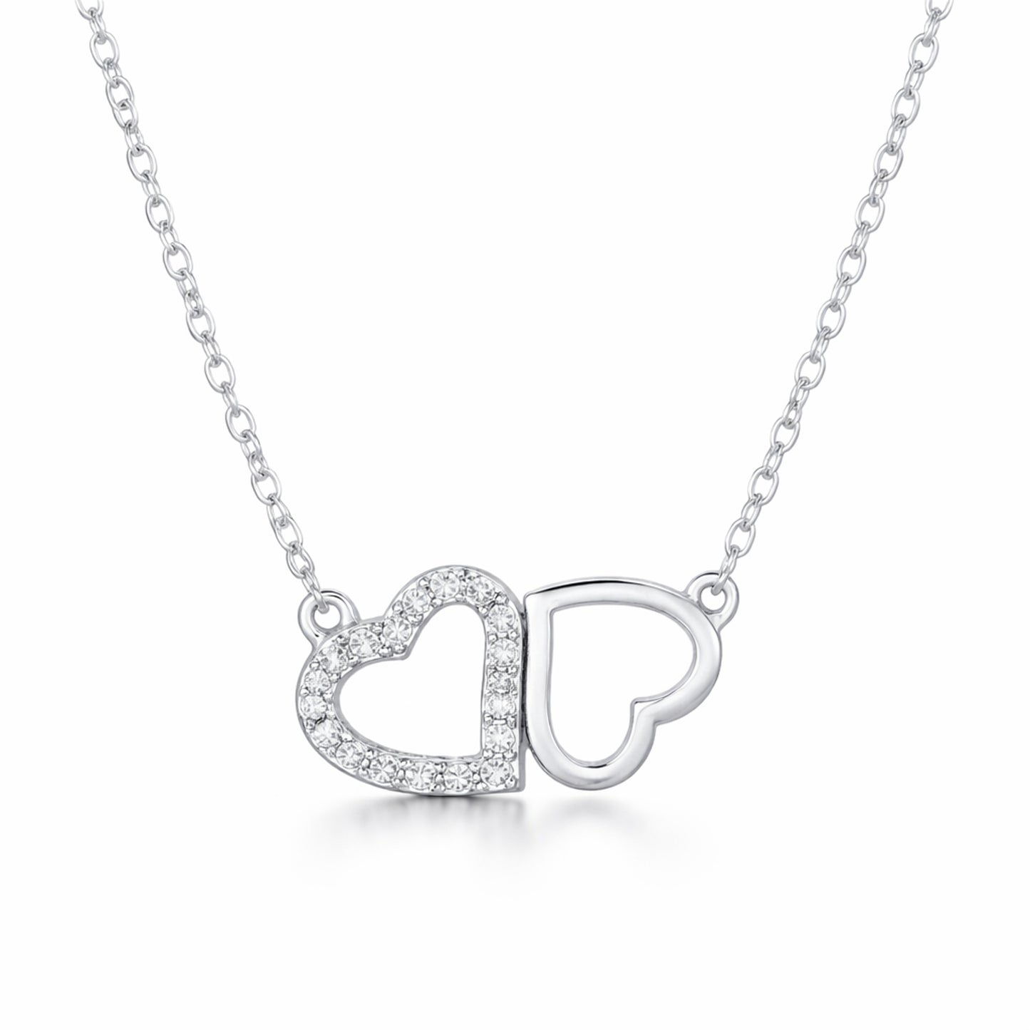 Front facing studio view of the double heart cubic zirconia pendant featuring one pavé set heart alongside one open heart in a balanced design.