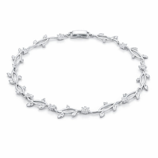 Studio view of a bracelet designed with a continuous vine pattern, featuring leaf shapes and small round cubic zirconia stones in a silver tone finish.