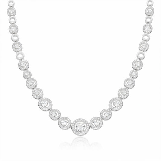 Front facing studio image of a halo style silver tone necklace featuring round cubic zirconia stones.