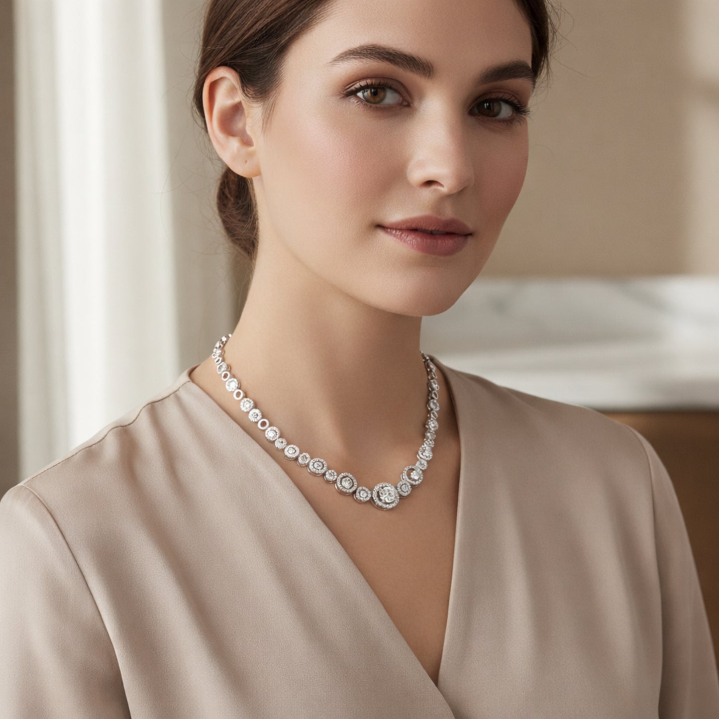 Lifestyle image of a halo cubic zirconia necklace worn on the neck showing its elegant sparkle.