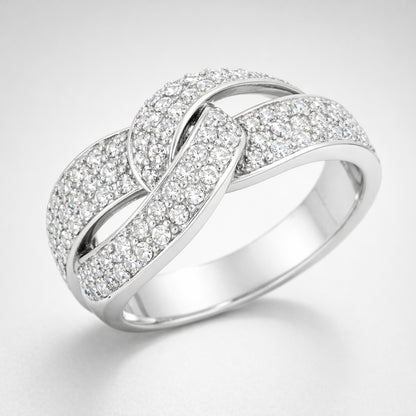 Angled view of the infinity pavé cubic zirconia ring highlighting the crossing design and continuous pavé setting.
