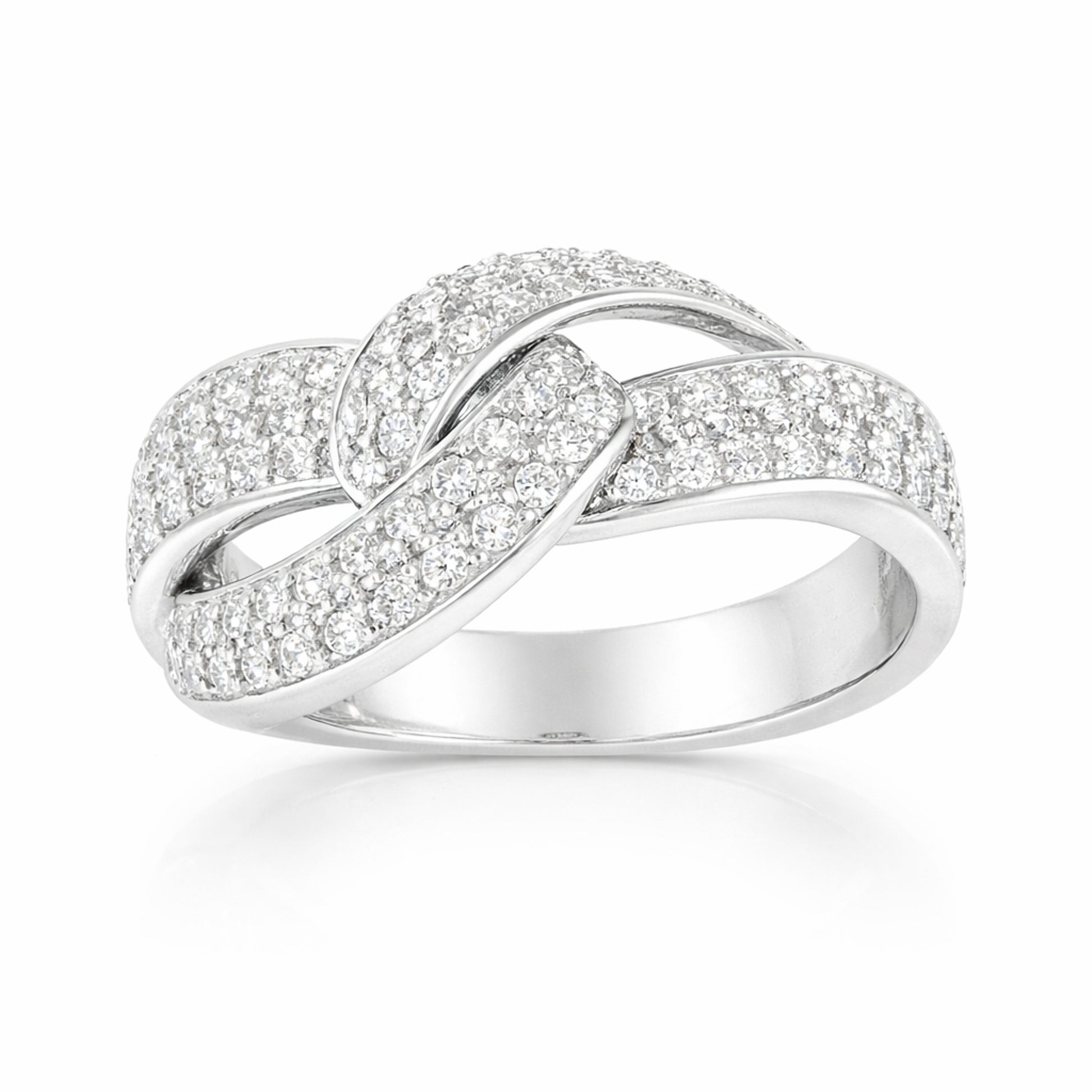 Studio view of an infinity style pavé cubic zirconia ring in silver tone finish, featuring interwoven bands set with small stones.
