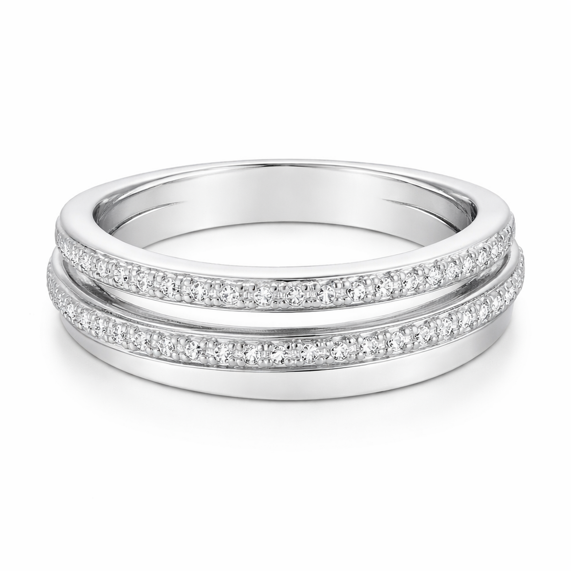Studio image of an intertwined silver tone ring featuring three bands. Two bands are pavé set with round cut cubic zirconia stones, while one band has a smooth polished finish.