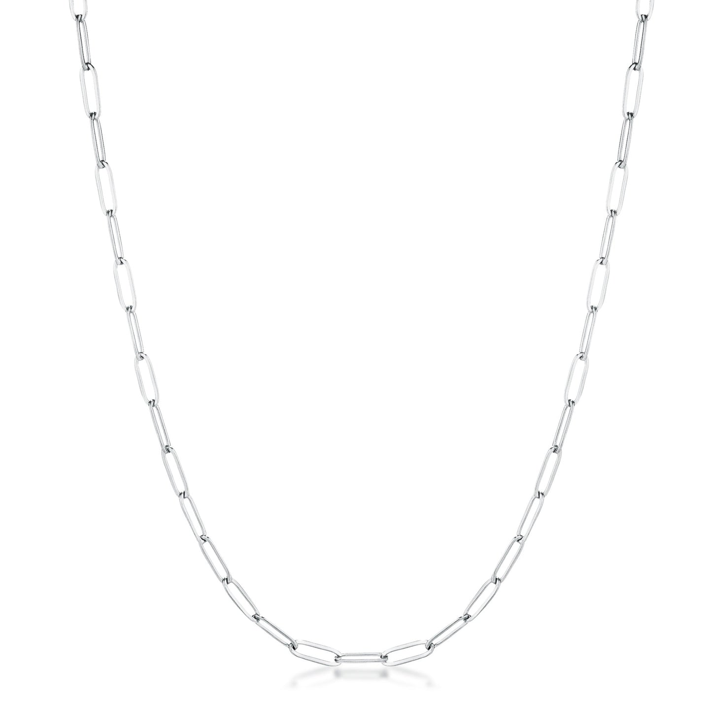 Full length studio view of a silver tone paperclip chain necklace showcasing evenly spaced elongated links.