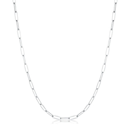 Full length studio view of a silver tone paperclip chain necklace showcasing evenly spaced elongated links.