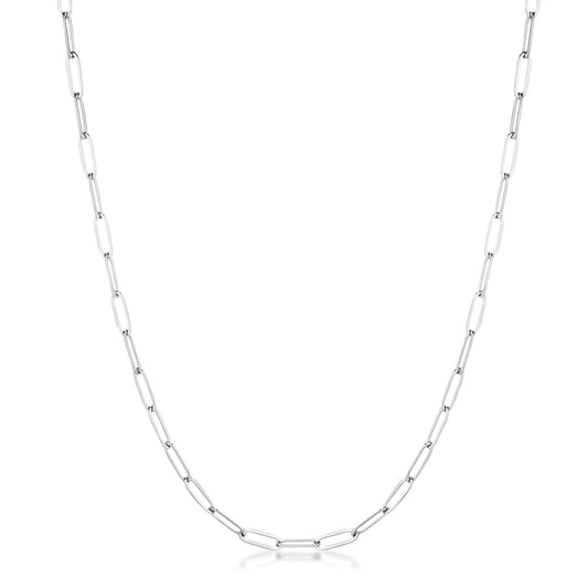 Full length studio view of a silver tone paperclip chain necklace showcasing evenly spaced elongated links.