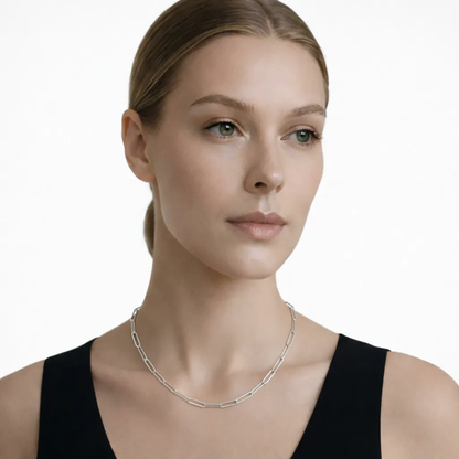 Model view showcases a silver tone paperclip chain necklace, styled with a minimalist black top so the chain drapes cleanly along the collarbone.