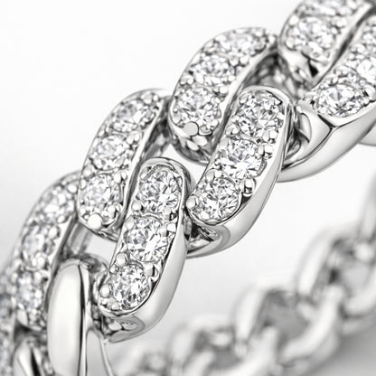 Close up view of the pavé chain link cubic zirconia ring highlighting the interlocking links and pavé stone setting.