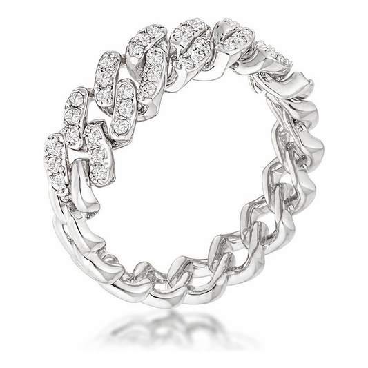 Close-up view of a pave chain ring with interlocking links, partially set with cubic zirconia stones in a polished silver tone finish.