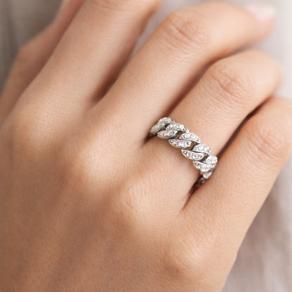 Angled studio view of the pavé chain link cubic zirconia ring showing the polished links and pavé detailing.