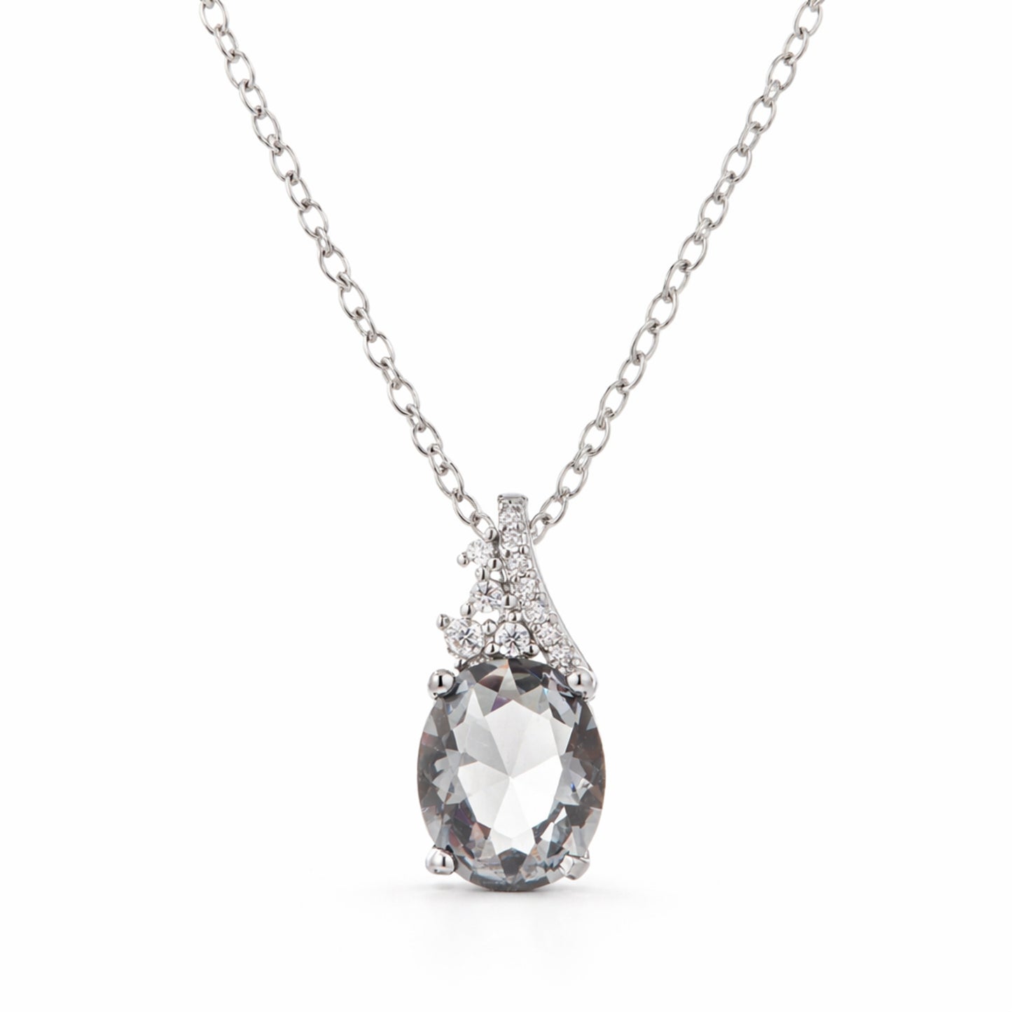 Studio view of a pear cut cubic zirconia pendant centered to highlight the classic drop shape.