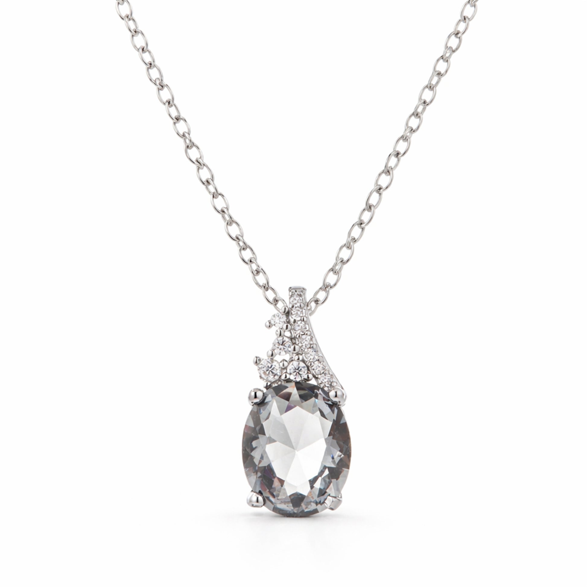 Studio view of a pear cut cubic zirconia pendant centered to highlight the classic drop shape.