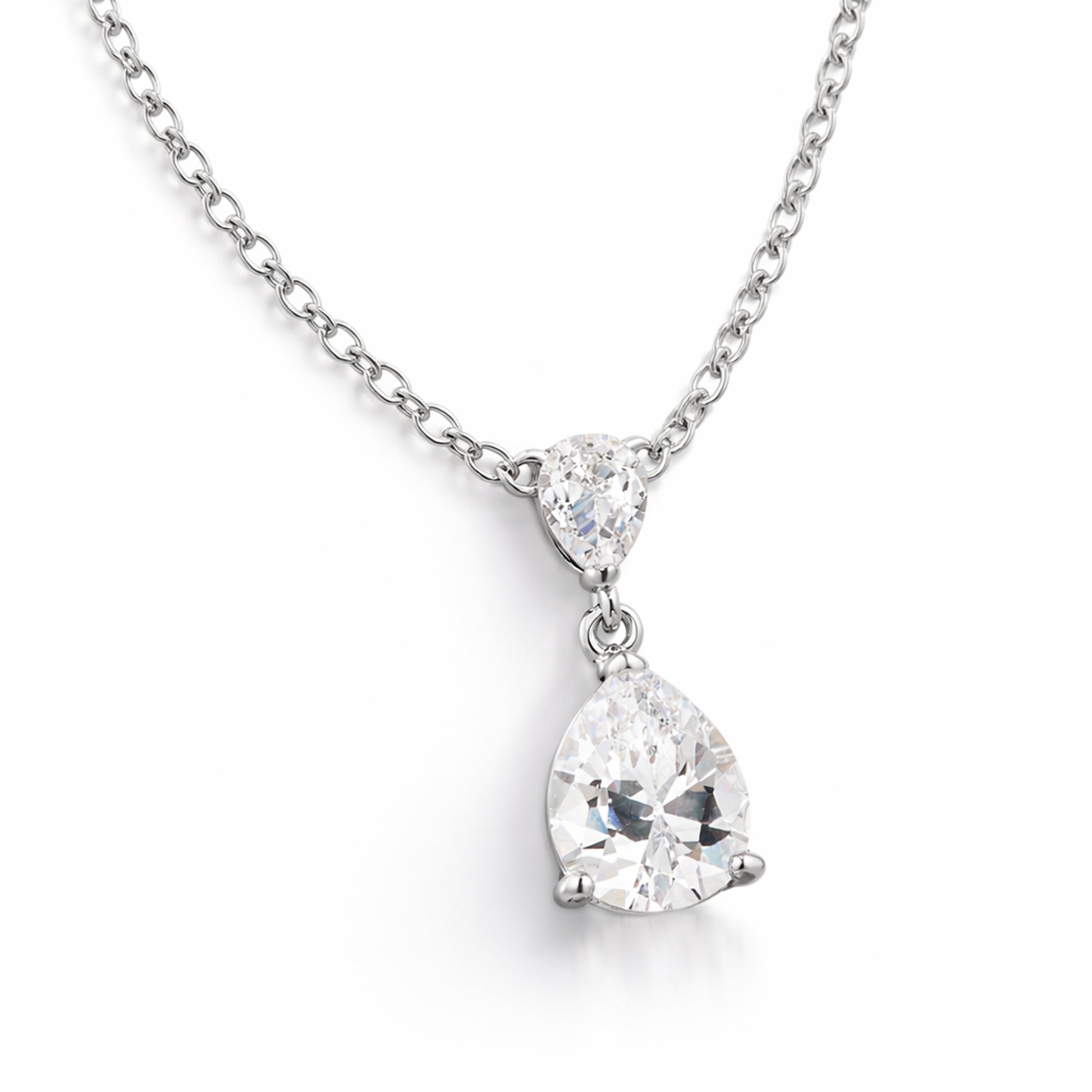 Angled studio view showing the pear shaped cubic zirconia stones in prong settings connected in an elegant drop design.