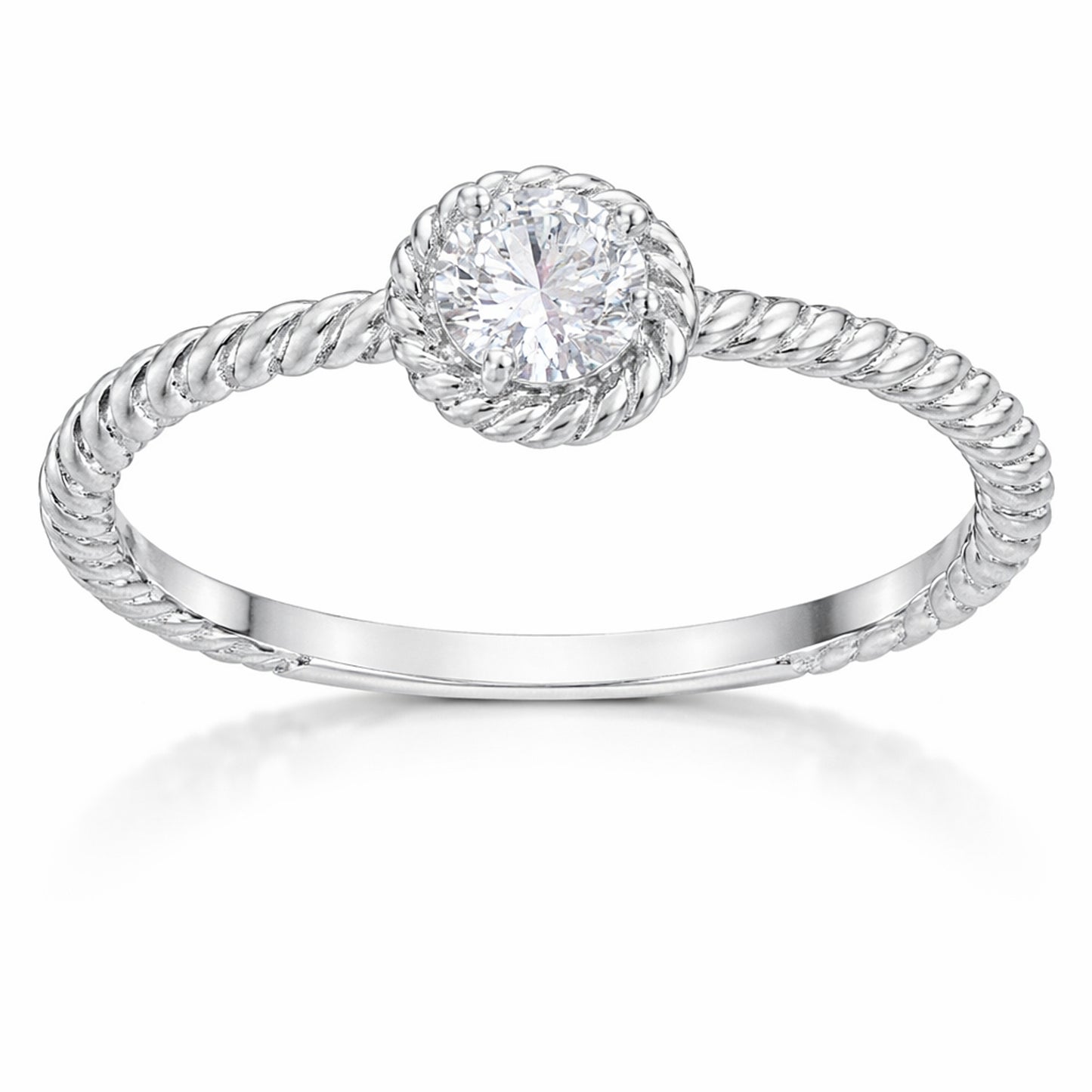 Side view close up of the rope style solitaire cubic zirconia ring emphasizing the twisted band detail and the prong set round stone.