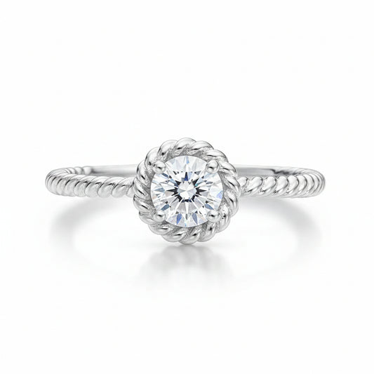 Studio view of the rope style solitaire cubic zirconia ring in silver tone finish, shown centered on a clean background.