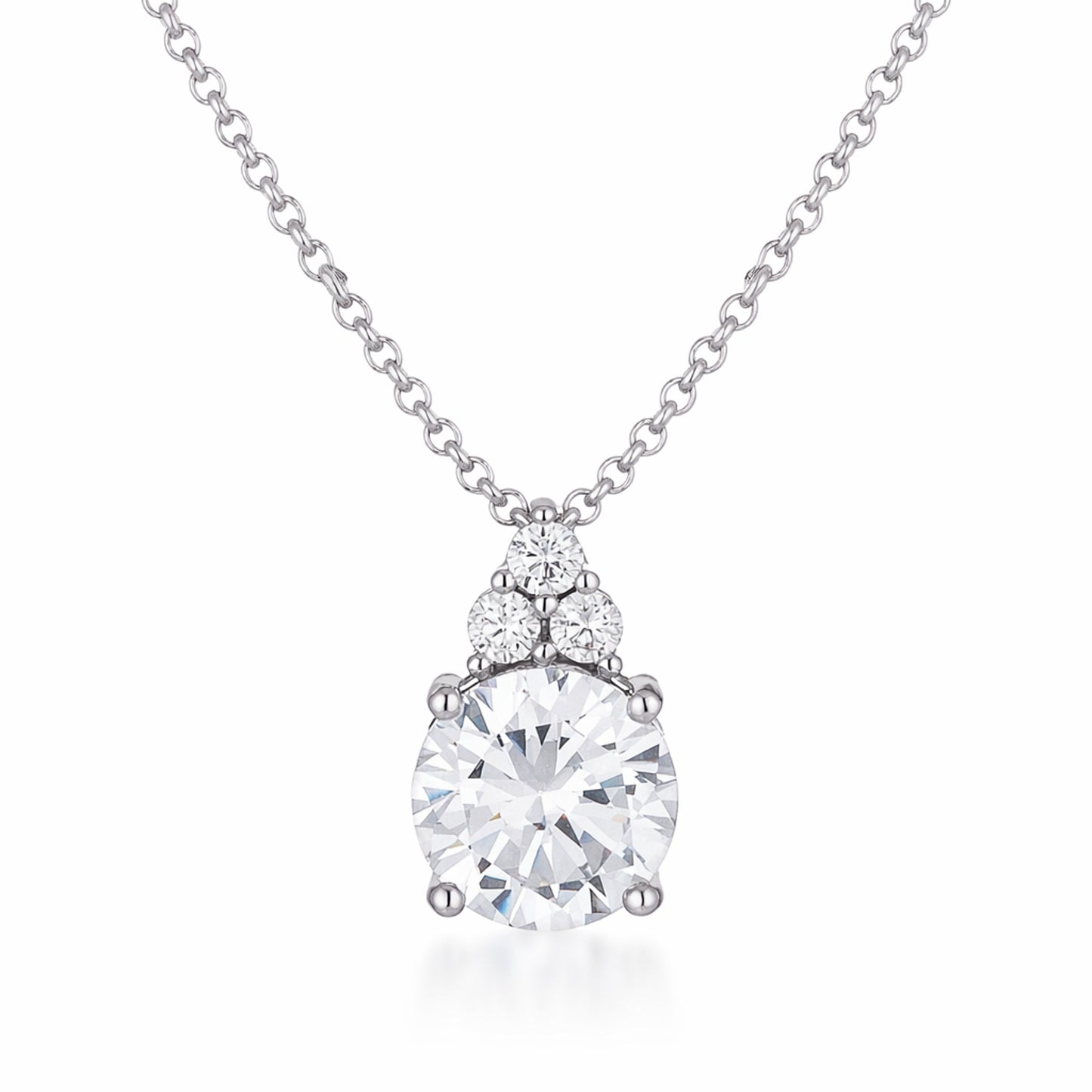 Studio front view of a round cut cubic zirconia pendant showing the polished silver tone setting and stone clarity.