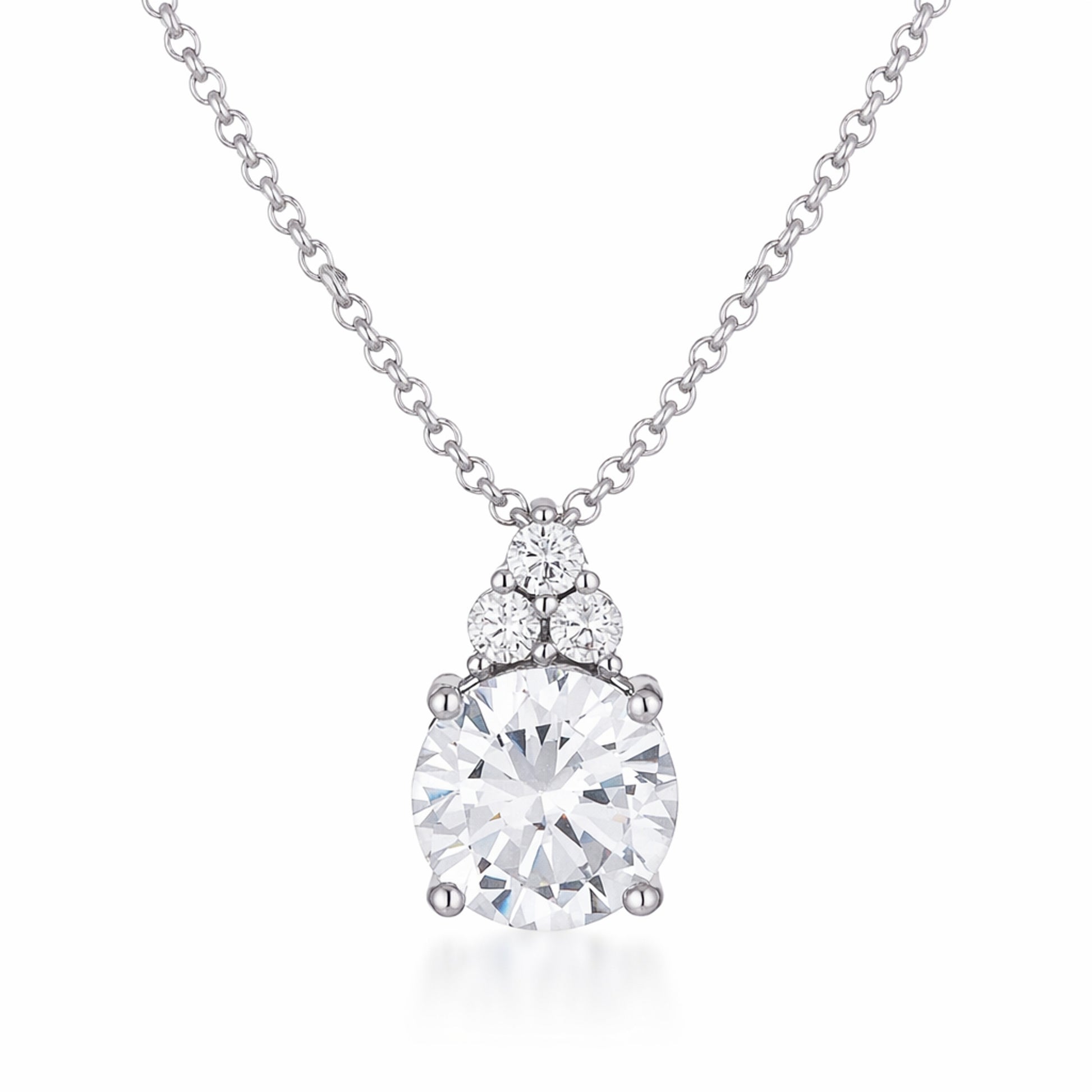 Studio front view of a round cut cubic zirconia pendant showing the polished silver tone setting and stone clarity.