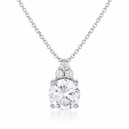 Studio front view of a round cut cubic zirconia pendant showing the polished silver tone setting and stone clarity.