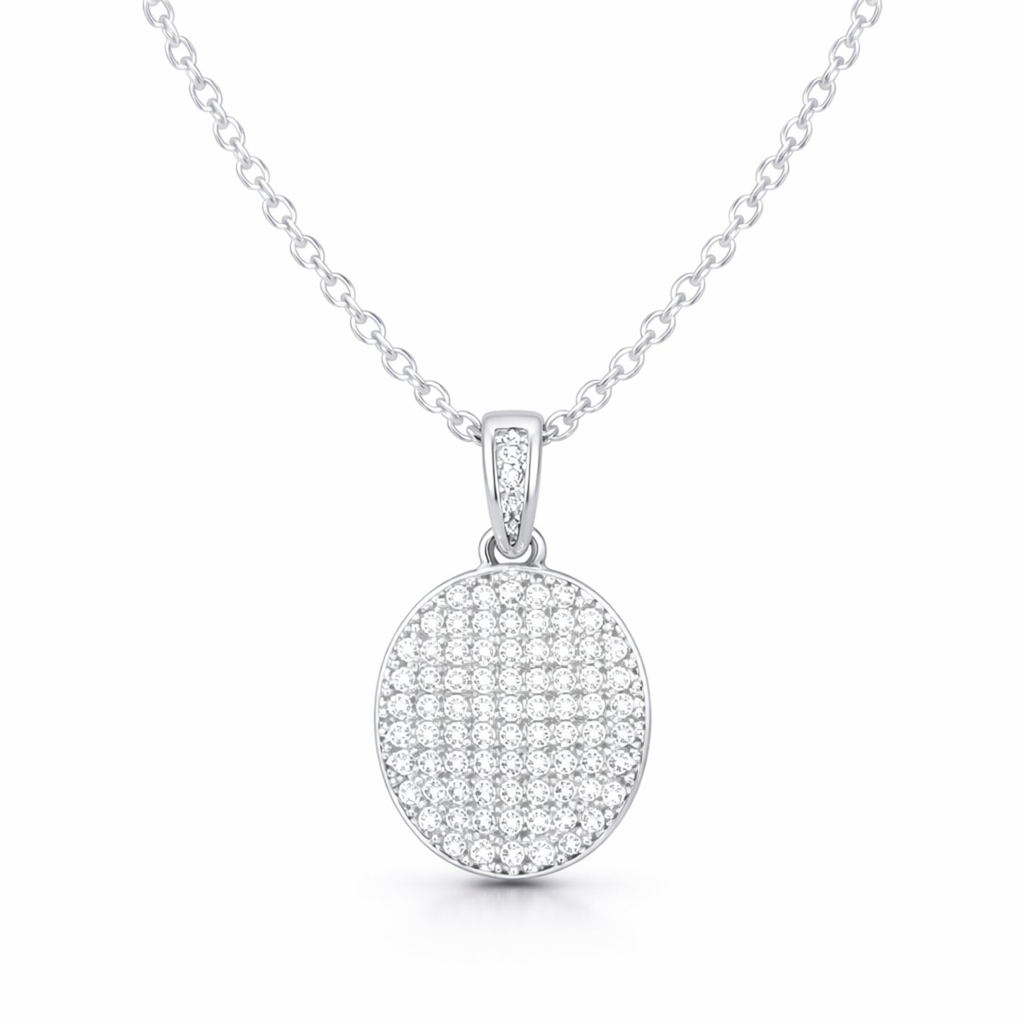 Front facing studio view of the round pavé cubic zirconia pendant emphasizing the dense stone arrangement.