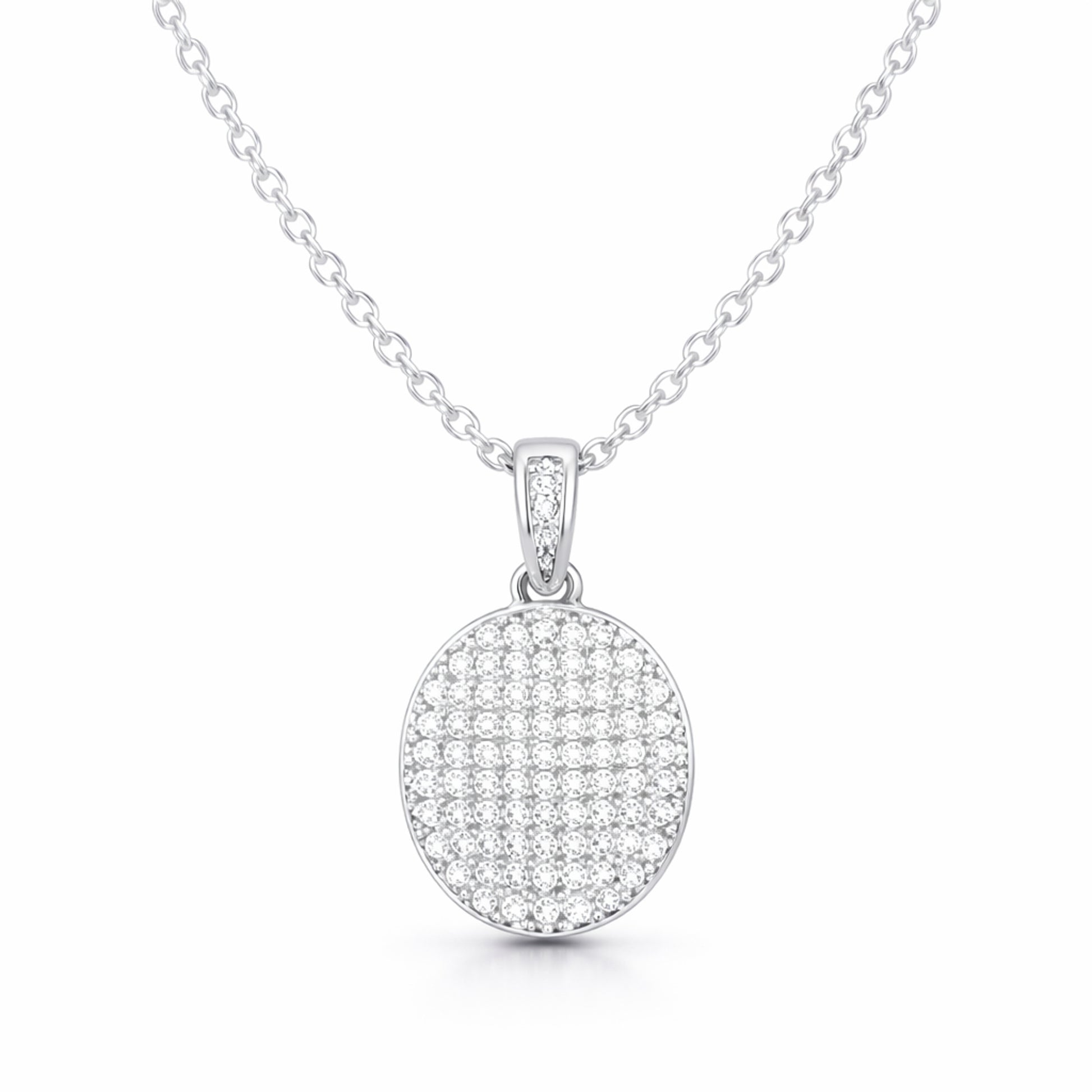 Front facing studio view of the round pavé cubic zirconia pendant emphasizing the dense stone arrangement.