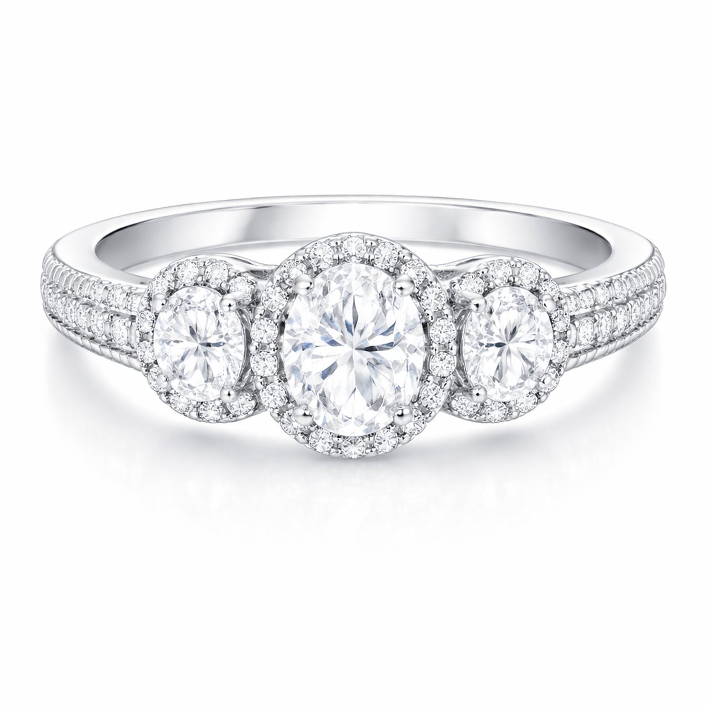 Front facing studio view of a three stone halo cubic zirconia ring in silver tone finish with symmetrical stone arrangement.