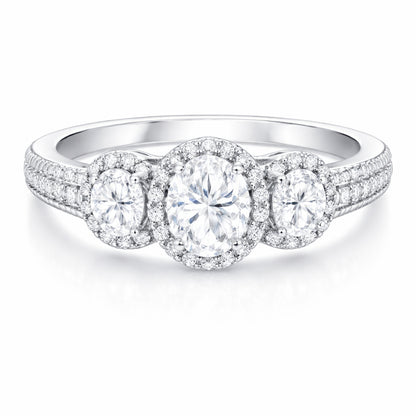 Front facing studio view of a three stone halo cubic zirconia ring in silver tone finish with symmetrical stone arrangement.