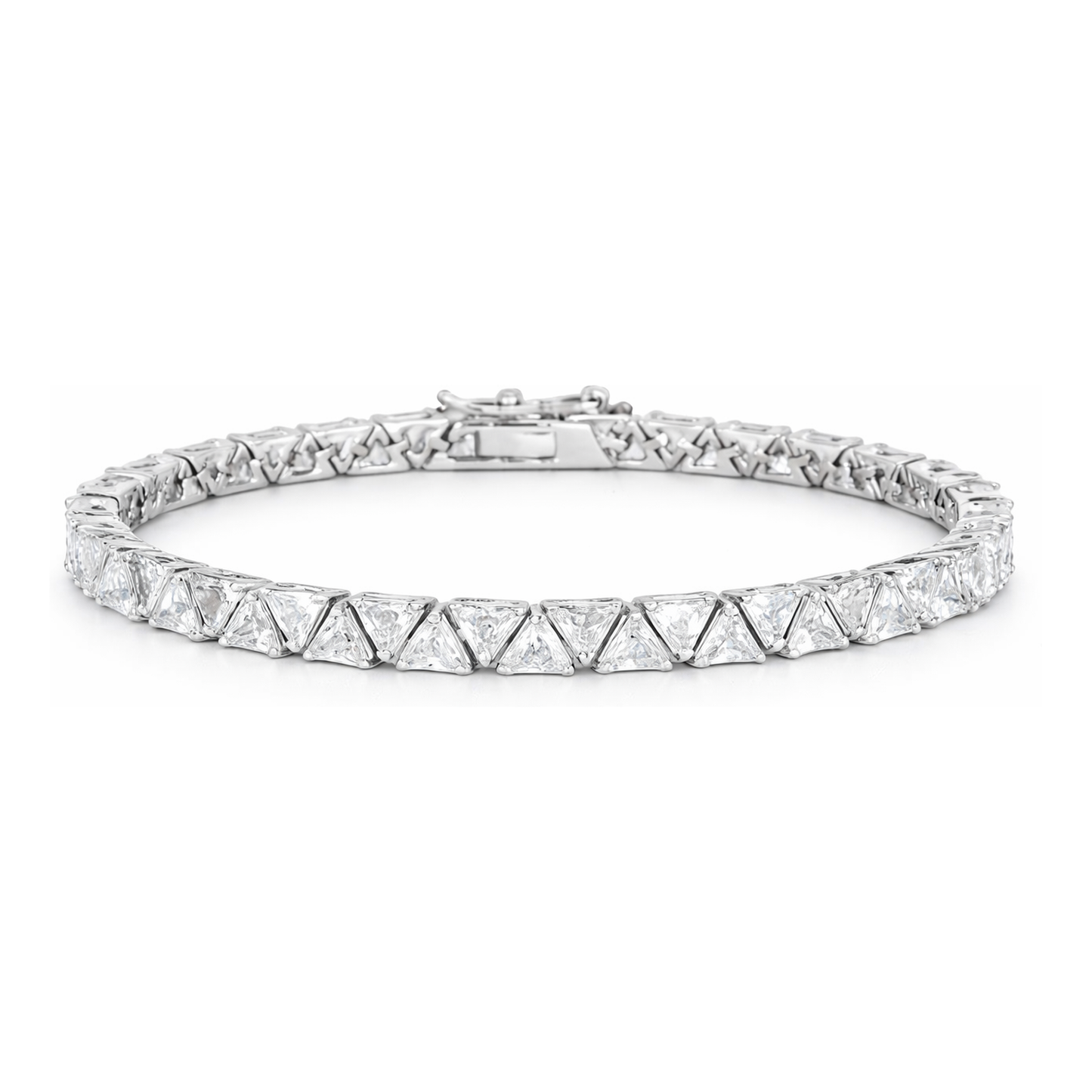 Studio view of a tennis bracelet composed of triangle-shaped cubic zirconia stones set in a continuous pattern with a silver tone finish and clasp closure.